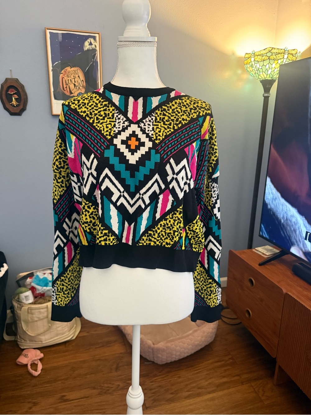 Divided Multicolor Geometric Crop Sweater - Black, Yellow, Teal, Pink